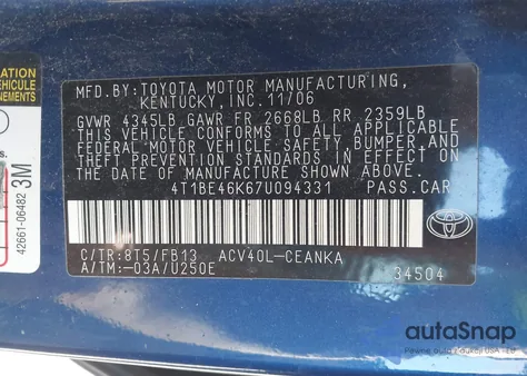 2007 Toyota Camry Le from USA, damaged, VIN 4T1BE46K67U094331